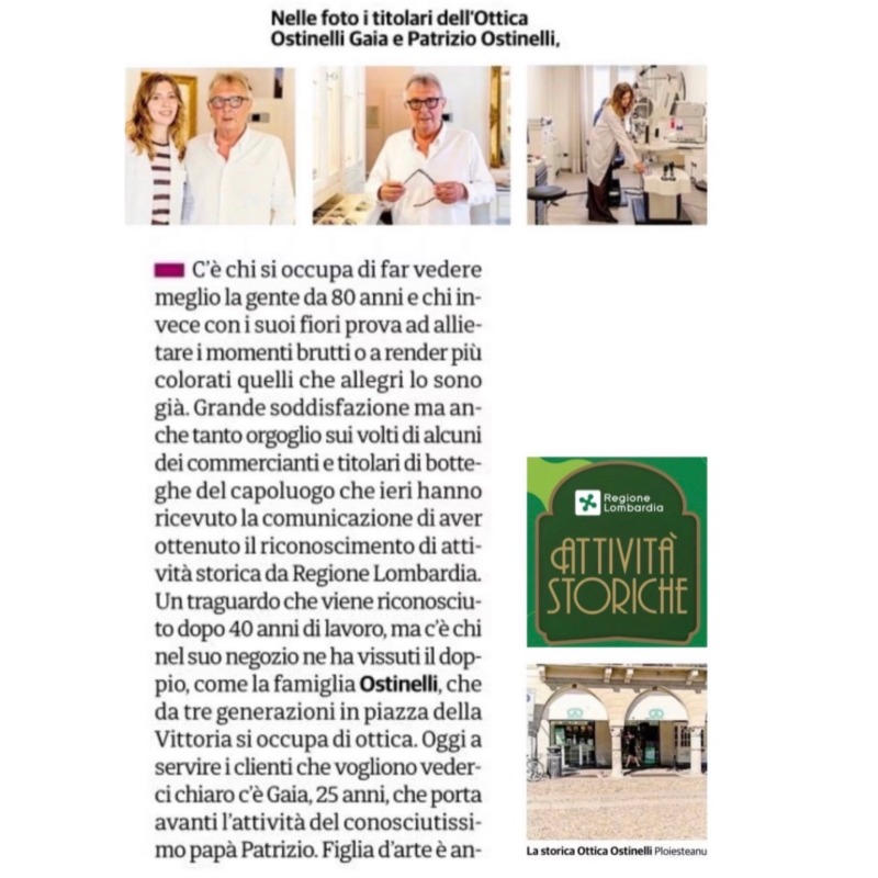 articolo che parla della consegna della targa attività storiche a ottica ostinelli